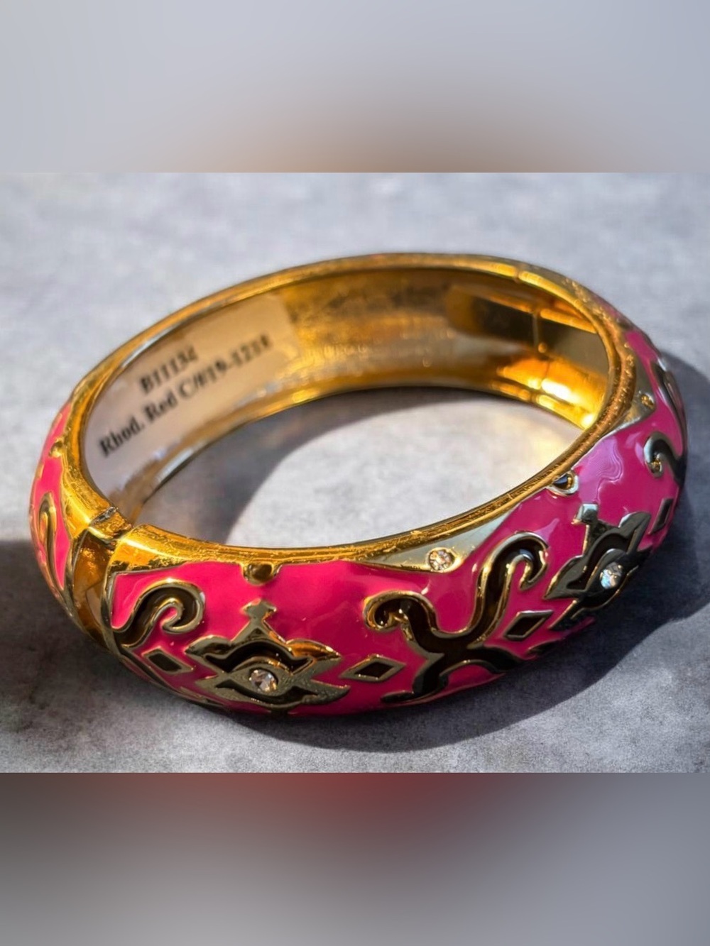 Sequin New York Hot Pink Enamel Hinged Bangle Bracelet Crystal Accents